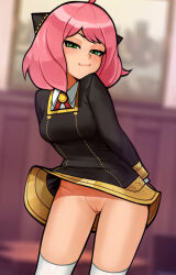  1girl aged_up ahoge anya_(spy_x_family) arms_behind_back blurry blurry_background cleft_of_venus closed_mouth cone_hair_bun dress eden_academy_school_uniform green_eyes hair_bun hairpods highres indoors loodncrood looking_at_viewer medium_hair no_panties pink_hair pussy school_uniform solo spy_x_family standing thighhighs uncensored white_thighhighs wind wind_lift  rating:Explicit score:667 user:danbooru