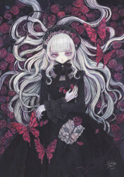  1girl acrylic_paint_(medium) bug butterfly commentary_request expressionless flower gothic_lolita hair_spread_out hairband handkerchief highres insect lolita_fashion lolita_hairband long_hair looking_at_viewer original painting_(medium) pale_skin petals plant red_butterfly red_eyes red_flower red_nails red_rose rose solo sumire_shisei thorns traditional_media very_long_hair vines white_hair 
