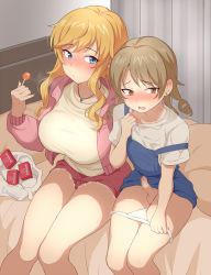 1futa 1girl bag bed blonde_hair blue_dress blue_eyes blush breasts brown_eyes candy censored chupa_chups closed_mouth clothes_lift commentary_request condom_box curtains cutoffs dress dress_lift drill_hair earrings embarrassed erection feet_out_of_frame fingernails food foreskin futa_with_female futanari genmon hand_up heart heart_necklace holding holding_candy holding_food holding_lollipop idolmaster idolmaster_cinderella_girls indoors jacket jewelry knees_together_feet_apart large_breasts light_brown_hair lollipop long_fingernails long_hair long_sleeves looking_at_another looking_away looking_to_the_side morikubo_nono mosaic_censoring nail_polish necklace nose_blush ohtsuki_yui okamoto_condoms on_bed open_bag open_clothes open_jacket open_mouth panties panty_pull pendant penis pillow pinafore_dress pink_jacket plastic_bag precum pulling_own_clothes raised_eyebrows red_nails red_shorts shirt shopping_bag short_shorts short_sleeves shorts side-by-side sidelocks sideways_glance sitting sleeveless sleeveless_dress small_penis strap_slip stud_earrings sweatdrop swept_bangs tearing_up testicles underwear wavy_mouth white_panties white_shirt rating:Explicit score:356 user:danbooru