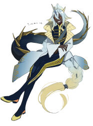  1boy absurdres aiguillette androgynous blonde_hair blue_coat blue_hair bright_pupils coat collared_coat commentary_request cross-laced_clothes cross-laced_legwear crossed_legs dark-skinned_male dark_skin dragon_boy dragon_horns dragon_tail fins full_body gradient_hair grin head_fins high_collar highres horns invisible_chair long_hair long_sleeves looking_at_viewer male_focus multicolored_hair multiple_horns orange_eyes original pants side_slit simple_background sitting smile solo tail translation_request very_dark_skin white_background wide_sleeves yellow_footwear zzb_azz 