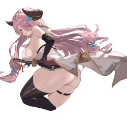  1girl ass backless_outfit black_gloves black_thighhighs blush bottomless breasts butterfly_hair_ornament commentary eyes_visible_through_hair fingerless_gloves from_behind gloves granblue_fantasy hair_ornament highres holding holding_sword holding_weapon horns katana large_breasts long_hair looking_at_viewer looking_back narmaya_(granblue_fantasy) pink_hair pointy_ears purple_eyes purple_hair robe scabbard sheath simple_background single_thighhigh solo sword symbol-only_commentary thick_thighs thigh_strap thighhighs thighs upper_body weapon white_background wuzhu_nis 