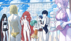 1girl 7_other androgynous artist_request ass ball beachball bikini black_hair blonde_hair blue_hair blue_zoisite_(houseki_no_kuni) bort breasts casual_one-piece_swimsuit colored_skin diamond_(houseki_no_kuni) flat_chest frilled_one-piece_swimsuit frills goshenite_(new)_(houseki_no_kuni) hair_up highres holding holding_ball houseki_no_kuni large_breasts long_hair one-piece_swimsuit padparadscha_(houseki_no_kuni) phosphophyllite_(ll) pink_hair ponytail red_hair scar skirt swimsuit ventricosus very_long_hair volleyball volleyball_(object) white_hair white_skin yellow_diamond_(houseki_no_kuni)  rating:Questionable score:8 user:Womenslayer69