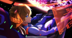  1girl blue_eyes breasts brown_hair cafe_in cockpit covered_navel evangelion:_3.0+1.0_thrice_upon_a_time from_side glowing glowing_eye highres holographic_monitor interface_headset looking_at_viewer neon_genesis_evangelion pilot_suit planet plugsuit rebuild_of_evangelion science_fiction sitting small_breasts solo soryu_asuka_langley two_side_up 