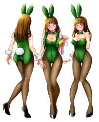  1girl absurdres animal_ears arms_behind_back bad_id bad_pixiv_id bow bowtie breasts brown_eyes brown_pantyhose cleavage commentary_request detached_collar eyes_visible_through_hair fake_animal_ears fujish full_body green_footwear green_leotard green_neckwear green_vest high_heels highres leotard long_hair looking_at_viewer medal medium_breasts multiple_views original pantyhose playboy_bunny purple_eyes rabbit_ears rabbit_tail simple_background standing strapless strapless_leotard tail thigh_gap vest white_background wrist_cuffs 
