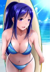 1girl :d beach bikini blue_bikini blue_hair blue_sky breasts cleavage cloud collarbone cowboy_shot day hair_between_eyes halterneck highres holding holding_behind_back kujira_katsu_(ztmy5535) large_breasts leaning_forward long_hair looking_at_viewer love_live! love_live!_sunshine!! matsuura_kanan ocean open_mouth outdoors ponytail purple_eyes shiny_skin sky smile solo sparkle standing string_bikini striped_bikini striped_clothes summer sunlight surfboard swimsuit thigh_gap very_long_hair