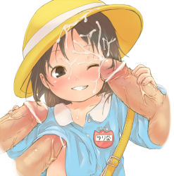  1girl ;d bad_id bad_pixiv_id bar_censor blush censored cum cum_on_body cum_on_hair cum_on_upper_body double_handjob facial grin group_sex handjob happy hat hutaba123 kindergarten_uniform loli multiple_penises name_tag one_eye_closed open_mouth original penis penis_under_another&#039;s_clothes school_hat smile solo_focus testicles veins veiny_penis wink 