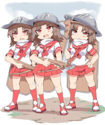  3girls :&lt; bandana bow_(weapon) brown_hair closed_mouth commentary_request crossbow grey_helmet helmet highres holding holding_crossbow holding_weapon multiple_girls neckerchief open_mouth original parted_bangs pleated_skirt red_eyes red_footwear red_neckerchief red_sailor_collar red_skirt red_socks sailor_collar school_uniform serafuku shirt shoes short_sleeves silver_bell skirt socks standing v-shaped_eyebrows weapon white_shirt 