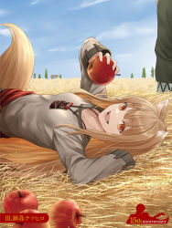  1boy 1girl animal_ears anniversary apple brown_hair craft_lawrence fang food fruit hay highres holding holding_food holding_fruit holo long_hair long_sleeves looking_at_viewer lying nabeshima_tetsuhiro official_art on_back open_mouth orange_eyes outdoors pouch shirt sitting sky smile solo_focus spice_and_wolf tail upper_body wolf_ears wolf_girl wolf_tail 