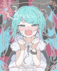 1girl aqua_eyes aqua_nails blush border bracelet collarbone dress feather_hair_ornament feathers hair_ornament hands_up hatsune_miku heart heart-shaped_pupils highres jewelry kusa_re_manjuu long_hair looking_at_viewer miku_day mismatched_pupils nose_blush open_mouth ornate_border puff_of_air solo sweat symbol-shaped_pupils tearing_up twintails twitter_username vocaloid white_dress 