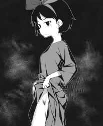  1girl breasts closed_mouth clothes_lift dress dress_lift expressionless female_focus female_pubic_hair from_side greyscale highres kiki_(majo_no_takkyuubin) lifting_own_clothes loli majo_no_takkyuubin monochrome no_panties pubic_hair short_hair small_breasts solo tanaka_ahiru  rating:Questionable score:84 user:ponekad