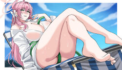 1girl ahoge between_breasts blue_archive blush bow breasts cleavage commentary_request crossed_legs feet foot_focus green_eyes hair_bow hair_ornament halo hanako_(blue_archive) hanako_(swimsuit)_(blue_archive) hella_p hose korean_commentary large_breasts long_hair long_sleeves looking_at_viewer off_shoulder outdoors parted_lips pink_hair shirt single_bare_shoulder sitting smile thighs white_bow white_shirt rating:Explicit score:51 user:danbooru