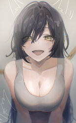  1girl absurdres animal_ears bare_arms bare_shoulders black_hair blush breasts cleavage collarbone dog_ears dog_tail grey_tank_top highres idolmaster idolmaster_shiny_colors large_breasts long_hair looking_at_viewer paddy_field shirase_sakuya smile solo tail tail_wagging tank_top upper_body very_long_hair yellow_eyes 