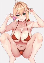  1girl ahoge bare_shoulders bikini blonde_hair blush braid breasts cleavage cocq_taichou collarbone condom condom_wrapper fate/extra fate_(series) french_braid green_eyes hair_bun hair_intakes hair_ribbon highres large_breasts long_hair looking_at_viewer navel nero_claudius_(fate) nero_claudius_(fate)_(all) nero_claudius_(fate/extra) red_bikini red_ribbon ribbon smile solo squatting swimsuit thighs v wet 