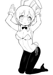 1girl animal_ears arms_up blush bow bowtie breasts cleavage commentary_request detached_collar flower full_body greyscale hair_between_eyes hair_flower hair_ornament hair_over_shoulder high_heels highres kneeling large_breasts leotard long_hair low_twintails monochrome murosaki_miyo onii-chan_wa_oshimai! pantyhose playboy_bunny rabbit_ears rabbit_tail seramikku shoes simple_background solo strapless strapless_leotard tail twintails white_background wrist_cuffs rating:Sensitive score:6 user:danbooru