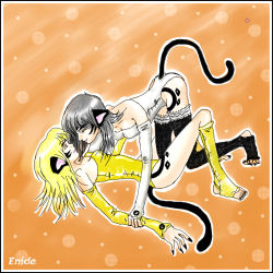2girls animal_ears arm_grab bare_shoulders blonde_hair breasts cat_ears cat_tail cleavage detached_sleeves eriya eye_contact girl_on_top grey_hair hug incest incipient_kiss lips looking_at_another lying multiple_girls naria on_back pantyhose strapless tail tenkuu_no_escaflowne thighhighs yellow_eyes yuri rating:Questionable score:4 user:Renois