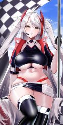  1girl absurdres ahoge azur_lane black_gloves blue_sky breasts cropped_jacket flag gloves headset highres iron_blood_(emblem) large_breasts leaning_back long_hair looking_at_viewer marumai microphone midriff miniskirt multicolored_hair navel official_alternate_costume parted_lips prinz_eugen_(azur_lane) prinz_eugen_(final_lap)_(azur_lane) race_queen red_hair skindentation skirt sky solo streaked_hair thighhighs thong twintails underboob very_long_hair white_hair yellow_eyes  rating:Sensitive score:33 user:danbooru