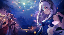  4girls absurdres arua asymmetrical_clothes black_hair blade_&amp;_soul blue_eyes braid breasts character_request cherry_blossoms eyepatch facepaint gauntlets grey_hair highres long_hair moon mountainous_horizon multicolored_hair multiple_girls night parted_lips pohwaran sideboob sleeveless small_breasts twin_braids twintails two-tone_hair very_long_hair 