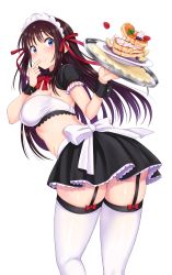 1girl absurdres ass banana banana_slice bandeau blue_eyes blueberry bow bra breasts brown_hair cream cream_on_face finger_in_own_mouth food food_on_face frilled_sleeves frills from_behind fruit garter_straps hair_ribbon highres holding holding_tray large_breasts long_hair maid maid_headdress midriff miniskirt mint nanatsu_(pixiv1467365) natsu_(nattiyann) original pancake plate puffy_short_sleeves puffy_sleeves red_bow red_ribbon ribbon short_sleeves simple_background skindentation skirt solo spilling strawberry sweatdrop syrup tasting thighhighs thighs tray underwear whipped_cream white_background white_bra white_thighhighs wrist_cuffs rating:Sensitive score:22 user:danbooru