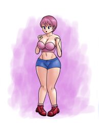1girl arms_under_breasts blue_eyes blue_shorts breasts female_focus full_body humanization kirby kirby_(series) large_breasts nintendo pink_hair pink_skirt saf-404 shoes short_hair short_shorts shorts sideboob skirt solo_focus thick_thighs thighs white_background worried