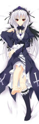  1girl barefoot dakimakura_(medium) feet highres long_image red_eyes rozen_maiden silver_hair single_sock socks soles solo source_request suigintou tall_image toes  rating:Questionable score:19 user:albel727