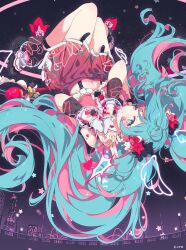  1girl absurdres ankle_cuffs blue_hair hatsune_miku highres multicolored_hair night ogipote one_eye_closed pink_hair skirt solo star-shaped_pupils star_(symbol) symbol-shaped_pupils upside-down vocaloid wrist_cuffs 