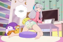  10s 1girl ass bare_legs barefoot black_hairband blue_hair blush bow diaper drawing_tablet english_text eromanga_sensei feet female_focus from_behind full_body gluteal_fold grey_hair hair_bow hairband headphones highres indoors izumi_sagiri kneeling legs_apart loli long_sleeves looking_back merunyaa no_pants on_floor pee pee_stain peeing peeing_self pink_bow pink_shirt shirt soles solo sweat table text_focus thighs thought_bubble toes watermark web_address wet_diaper  rating:Questionable score:190 user:diaperfemboy