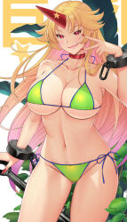  1girl alternate_costume bikini blonde_hair blush breasts chain choker cleavage club club_(weapon) commentary_request cowboy_shot cuffs fang fingernails gluteal_fold gradient_hair green_bikini hataraki_kuma highres holding_club horns hoshiguma_yuugi kanabou large_breasts long_hair looking_at_viewer medium_bangs multicolored_hair navel open_mouth parted_bangs pink_hair red_choker red_eyes red_horns red_nails sidelocks single_horn smile solo star_(symbol) swimsuit touhou very_long_hair weapon 