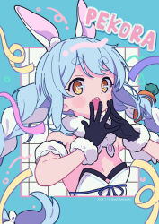  1girl animal_ear_fluff animal_ears artist_name bare_shoulders black_gloves black_leotard blue_background blue_hair bow braid breasts brown_eyes carrot_hair_ornament character_name cropped_torso detached_sleeves don-chan_(usada_pekora) dress food-themed_hair_ornament fur-trimmed_gloves fur_trim gloves grid_background hair_bow hair_ornament hands_up highres hololive leotard long_hair looking_at_viewer multicolored_hair neki_(wakiko) open_mouth puffy_short_sleeves puffy_sleeves rabbit-shaped_pupils rabbit_ears short_eyebrows short_sleeves small_breasts solo strapless strapless_dress strapless_leotard symbol-shaped_pupils thick_eyebrows twin_braids twintails two-tone_hair upper_body usada_pekora usada_pekora_(1st_costume) very_long_hair virtual_youtuber white_bow white_dress white_hair white_sleeves 