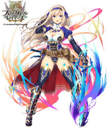 1girl :d armor belt brave_girl_ravens breasts cleavage clothing_cutout commentary_request copyright_name elbow_gloves floating_hair full_body gauntlets gloves gold_trim greaves hair_ribbon hairband hand_in_own_hair highleg horosuke large_breasts light_brown_hair long_hair mole mole_on_breast open_mouth puffy_short_sleeves puffy_sleeves ribbon short_sleeves shoulder_cutout simple_background smile solo standing sword thighhighs v-shaped_eyebrows weapon white_background rating:Sensitive score:26 user:danbooru