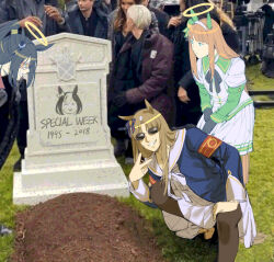  4girls black_bow black_gloves black_pantyhose blue_jacket boots bow commentary_request crowd domino_mask ear_covers ear_ornament el_condor_pasa_(umamusume) gloves grant_gustin_next_to_oliver_queen&#039;s_grave_(meme) grass_wonder_(umamusume) grave grin hair_between_eyes hairband halo highres hime_cut jacket layered_sleeves long_hair long_sleeves mask meme multicolored_hair multiple_girls orange_hair pantyhose people ruukii_drift short_over_long_sleeves short_sleeves silence_suzuka_(umamusume) skirt smile special_week_(umamusume) squatting streaked_hair sunglasses tombstone umamusume v white_footwear white_hair white_hairband 