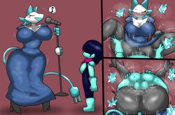  1boy 1girl ass ass_grab breasts closed_eyes clothed_sex colored_skin deltarune enigi09 grabbing grabbing_another&#039;s_ass heart highres huge_ass kris_(deltarune) large_breasts leg_grab legs_up lying lying_on_person mating_press microphone missionary monster_girl musical_note nipples on_person one_eye_closed open_mouth shiny_skin speech_bubble tasque_manager_(deltarune)  rating:Explicit score:73 user:xAkira