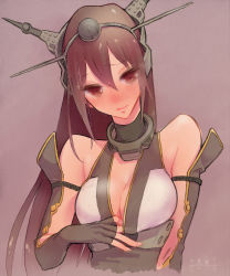  10s 1girl 2015 arm_between_breasts bad_id bad_pixiv_id bare_shoulders between_breasts breasts brown_eyes brown_hair cleavage dated dress dress_tug elbow_gloves fingerless_gloves gloves headgear highres kantai_collection long_hair looking_at_viewer looking_down nagato_(kancolle) no_nose noromi purple_background simple_background solo upper_body 