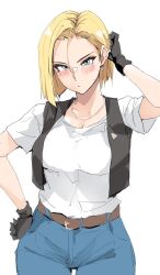  1girl android_18 blonde_hair blue_eyes blush breasts cleavage collarbone denim dragon_ball dragonball_z earrings forehead highres jeans jewelry large_breasts looking_at_viewer pants short_hair short_sleeves solo vest zekkyon 