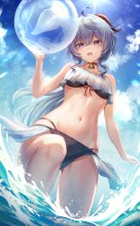  1girl absurdres ahoge ball bare_shoulders beachball bell blue_hair blue_sky breasts cloud collarbone from_below ganyu_(genshin_impact) genshin_impact gluteal_fold highres horns long_hair looking_at_viewer medium_breasts navel neck_bell open_mouth partially_submerged purple_eyes sidelocks sky solo splashing swimsuit thighs underboob white_background yuno_kaihara 