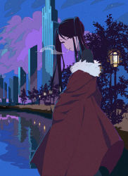  1girl absurdres black_hair black_sweater bolzhedor cigarette cityscape coat film_grain from_behind highres huge_filesize jill_stingray lamppost long_coat long_hair looking_at_viewer looking_back night noise off_shoulder red_coat reflection reflective_water smoke smoking solo sweater turtleneck turtleneck_sweater va-11_hall-a  rating:Sensitive score:15 user:danbooru