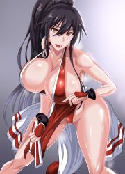 1girl absurdres ass bare_legs black_hair breasts cleavage collarbone commentary cosplay crossover crotch fatal_fury folded_fan folding_fan hair_between_eyes hand_fan highres huge_breasts idolmaster idolmaster_shiny_colors japanese_clothes long_hair looking_at_viewer open_mouth pelvic_curtain ponytail puripuri_jet revealing_clothes shiranui_mai shiranui_mai_(cosplay) shirase_sakuya sideboob snk solo sweat the_king_of_fighters thighs yellow_eyes rating:Questionable score:82 user:danbooru
