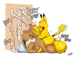  2boys black_eyes brown_fur creatures_(company) cum dated eevee erection fang furry furry_male furry_with_furry game_freak gen_1_pokemon highres huge_penis huge_testicles joao_pereira lip_biting male_focus multiple_boys nintendo penis pikachu pokemon pokemon_(creature) signature tail testicles tongue tongue_out veins veiny_penis yaoi yellow_fur 