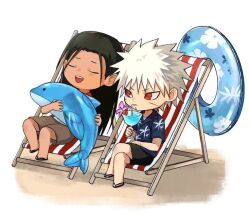 beach beach_chair black_hair black_shorts brown_shorts cherry closed_eyes crossed_legs cup dark-skinned_male dark_blue_clothes dark_skin dolphin drinking drinking_glass facial_mark family flower_in_cup food fruit grey_hair holding_objects inflatable_armbands innertube long_hair lounging naruto_(series) naruto_shippuuden open_mouth palm_tree polo_shirt red_eyes red_shirt sandals scar scar_on_face senju_hashirama senju_tobirama shirt shorts siblings simple_background spiked_hair swim_ring tree white_background