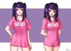 1girl :p arms_behind_back baggy_clothes blush breasts clothes_writing collage collarbone contrapposto covered_navel embarrassed english_text eyebrows fuck-me_shirt hand_on_own_hip jill_stingray long_hair medium_breasts meme meme_attire pajamas_challenge pink_shirt profanity purple_hair ranveld red_eyes shirt solo standing swept_bangs t-shirt taut_clothes taut_shirt tongue tongue_out twintails va-11_hall-a rating:Sensitive score:95 user:danbooru