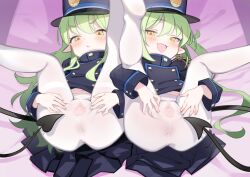  &gt;:( 2girls :d bed_sheet black_hair blue_archive blue_hat blue_jacket blue_skirt blush buttons censored collared_jacket commentary_request covered_anus covered_pussy demon_girl demon_tail fang flat_chest green_hair hair_between_eyes hat highres hikari_(blue_archive) jacket legs_up loli long_hair long_sleeves looking_at_viewer miniskirt mosaic_censoring multiple_girls navel no_panties nozomi_(blue_archive) on_bed open_mouth pantyhose pleated_skirt pointy_ears presenting shako_cap shiromochimikan siblings sisters skin_fang skirt smile spread_pussy_under_clothes tail train_conductor twins twintails v-shaped_eyebrows variant_set white_pantyhose  rating:Explicit score:28 user:danbooru