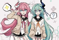  2girls :d ? black_sailor_collar black_skirt blue_eyes bow brown_cardigan brown_neckerchief cardigan commentary_request fang floral_background garter_straps green_hair grey_background hair_between_eyes hand_up honkai_(series) honkai_impact_3rd liliya_olenyeva long_hair long_sleeves looking_at_viewer macaroni_0101 multiple_girls neckerchief off_shoulder open_cardigan open_clothes open_mouth pink_hair pleated_skirt puffy_long_sleeves puffy_sleeves red_bow rozaliya_olenyeva sailor_collar school_uniform serafuku shirt short_eyebrows simple_background skirt smile spoken_question_mark spoken_sparkle standing thick_eyebrows thighhighs v_over_eye very_long_hair white_shirt white_thighhighs 