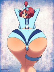 10s 1girl alternate_color ass backboob blue_eyes blush breasts cameltoe creatures_(company) from_above from_behind game_freak gloves gym_leader hair_ornament huge_ass large_breasts layerth looking_at_viewer looking_back nintendo open_mouth pokemon pokemon_bw red_hair shiny_skin short_hair short_shorts shorts skyla_(pokemon) smile solo thigh_strap top-down_bottom-up rating:Questionable score:75 user:armorcrystal