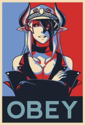  1girl bad_link badge barack_obama bare_shoulders border breasts choker cleavage crossed_arms demon_girl demon_horns english_text extra_eyes grin hair_between_eyes hat highres horns large_breasts less lilim_(monster_girl_encyclopedia) long_hair looking_at_viewer monster_girl_encyclopedia open_clothes open_shirt original parody pointy_ears second-party_source shaded_face shirt slit_pupils smile solo two-tone_background victoria_(lilim) victoria_(lilim) 