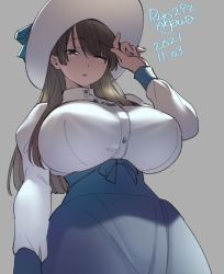1girl agawa_ryou artist_name blue_bow blue_skirt bow breasts brown_eyes brown_hair commentary dated english_commentary grey_background hand_up hat hat_bow high_collar huge_breasts juliet_sleeves long_hair long_sleeves numbered one_eye_closed original parted_lips puffy_sleeves shirt sidelocks simple_background skirt solo swept_bangs white_hat white_shirt rating:Sensitive score:91 user:danbooru