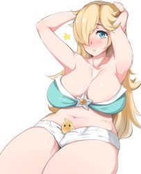  1girl areola_slip belly blonde_hair blue_eyes blush breasts casual curvy hair_over_one_eye highres large_breasts long_hair looking_at_viewer luma_(mario) mario_(series) moisture_(chichi) navel nintendo parted_lips plump rosalina short_shorts shorts simple_background solo super_mario_galaxy thick_thighs thighs white_background  rating:Questionable score:178 user:danbooru