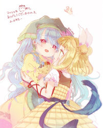  2girls :d apron arm_ribbon back_bow biyon black_bow black_sash blonde_hair blue_hair blunt_bangs blurry bow commentary cowboy_shot depth_of_field dot_nose double_bun dress eye_contact floating_hair frilled_apron frilled_sleeves frills from_behind from_side green_apron green_headwear hair_bun hair_ribbon hand_on_another&#039;s_cheek hand_on_another&#039;s_face hand_up haniwa_(statue) haniyasushin_keiki happy_new_year head_scarf jewelry joutouguu_mayumi light_particles long_hair looking_at_another magatama magatama_necklace multiple_girls narrowed_eyes nazrin nazrin_(mouse) necklace new_year open_mouth parted_lips pink_eyes profile puffy_short_sleeves puffy_sleeves red_eyes red_ribbon ribbon sash short_hair short_sleeves smile standing swept_bangs symbol-only_commentary thank_you toramaru_shou toramaru_shou_(tiger) touhou twitter_username very_long_hair wavy_hair white_background white_ribbon yellow_dress yellow_eyes 