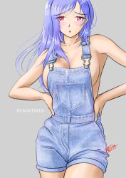  1girl blue_hair blue_overalls blush breasts collarbone dated denim grey_background hands_on_own_hips long_hair looking_at_viewer naked_overalls open_mouth original overalls red_eyes sideboob signature simple_background solo standing tanyao 