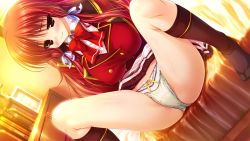 1girl bed blush clochette_(company) dutch_angle long_hair panties prism_recollection! red_eyes red_hair renjou_sayaka school_uniform shintarou smile socks solo spread_legs underwear  rating:Questionable score:27 user:marvell