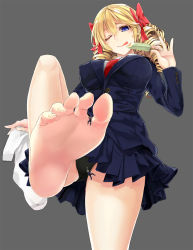  1girl 2boys :p bad_id bad_pixiv_id barefoot black_panties blonde_hair blue_eyes breasts buttons character_request chijinda covered_erect_nipples drill_hair feet food foot_focus giant giantess grey_background hair_ribbon highres holding ice_cream kindai_ni large_breasts leg_up licking_lips long_hair mini_person miniboy multiple_boys necktie one_eye_closed panties pantyshot popsicle ribbon school_uniform shukushou_gakuen simple_background skirt smile soles sonnano toes tongue tongue_out underwear upskirt wink  rating:Sensitive score:63 user:danbooru