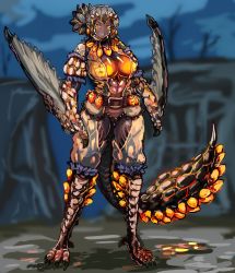  1girl abs bazelgeuse belt breasts cameltoe claws highres horns large_breasts lizard_tail monster_girl monster_hunter_(series) multicolored_hair muscular muscular_female orange_eyes personification reptile_girl scales short_hair solo tail udetamago  rating:Questionable score:22 user:Korgi1